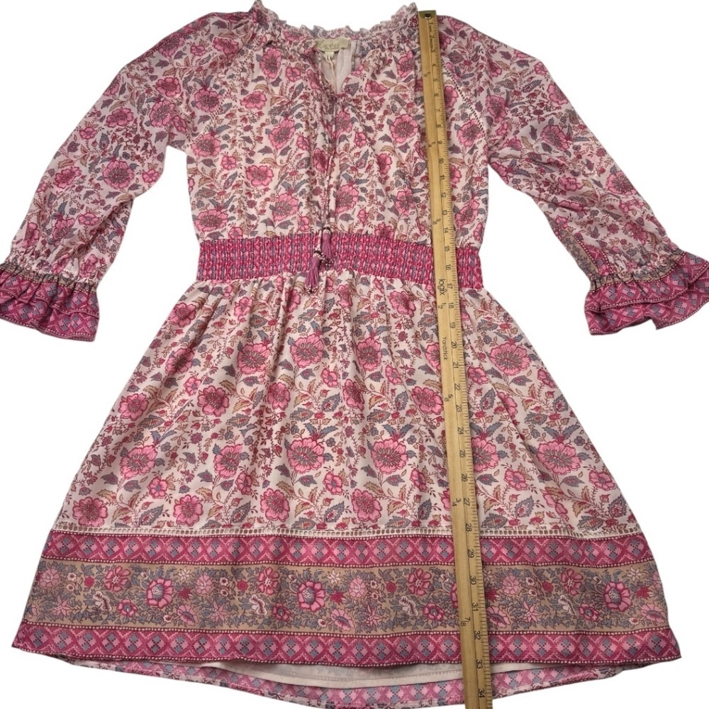 Love The Label Anthropologie Boho Floral Mini Dress Pink Smocked Tassel S - Picture 11 of 15